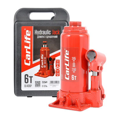 Домкрат бутылочный 6 т 200-385 мм гидравлический в кейсе CARLIFE (BJ406P)